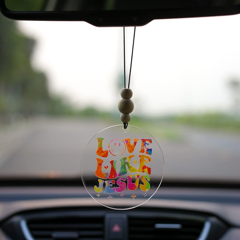 Talataca Christian 2D Flat Car Ornament & Wood Beads  Love Like Jesus  Bible Verse Beaded Rear View Mirror Accessories  Rearview Hanging Charm  Christmas Tree Decor  Religious Gift - Image 3